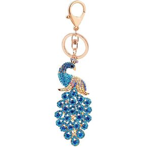 Majestic Peacock Keychain Crystal Handbag Charm for Feather Fans Key Chain Bird Animal Lovers Rhinestone Diamond Key Ring Holder Purse Bag Car Hanging Pendant Decoration Gift (Blue)