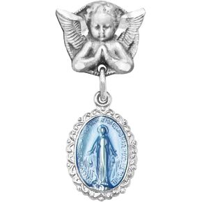 Rosemarie's Religious Gifts Petite Angel Pin with Sterling Silver Enameled Oval Miraculous Medal of Mary