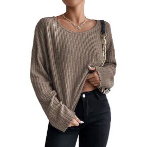 SweatyRocks Women's Long Sleeve Boat Neck Plain Tee Casual Drop Shoulder Rib Knit T Shirt Crop Top
