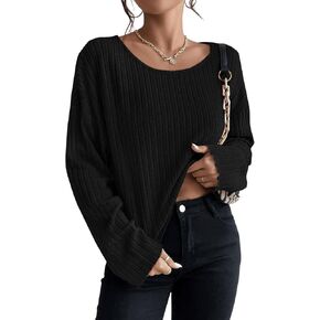 SweatyRocks Women's Long Sleeve Boat Neck Plain Tee Casual Drop Shoulder Rib Knit T Shirt Crop Top in Saudi Arabia