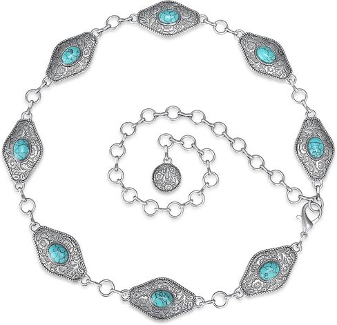 Women’s Turquoise Concho Chain Belt, Western Metal Antique Silver Waist Chain Belt with Rhombus Conchos for Ladies in Saudi Arabia