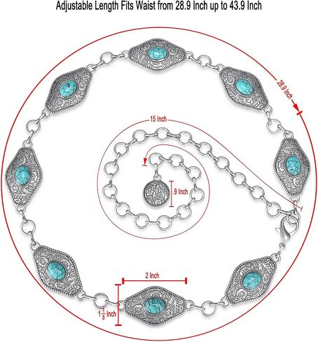Women’s Turquoise Concho Chain Belt, Western Metal Antique Silver Waist Chain Belt with Rhombus Conchos for Ladies in Saudi Arabia