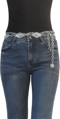 Women’s Turquoise Concho Chain Belt, Western Metal Antique Silver Waist Chain Belt with Rhombus Conchos for Ladies in Saudi Arabia