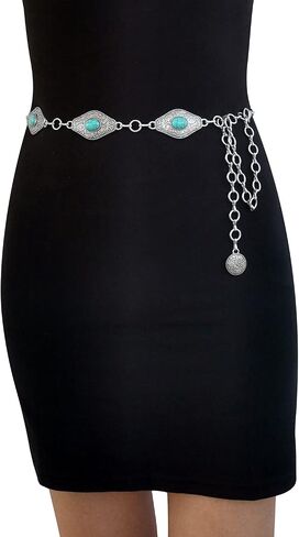 Women’s Turquoise Concho Chain Belt, Western Metal Antique Silver Waist Chain Belt with Rhombus Conchos for Ladies in Saudi Arabia