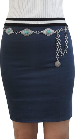 Women’s Turquoise Concho Chain Belt, Western Metal Antique Silver Waist Chain Belt with Rhombus Conchos for Ladies in Saudi Arabia
