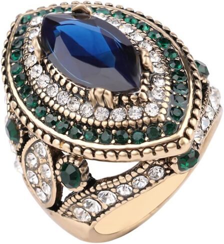Dtja Luxury CZ Evil Eye Statement Ring for Women Girls Gold Plated Blue Green Cubic Zirconia Boho Big Wide Band Rings Comfort Fit Antique Bollywood Wedding Christmas Party Jewelry Gift Size 8, in Saudi Arabia