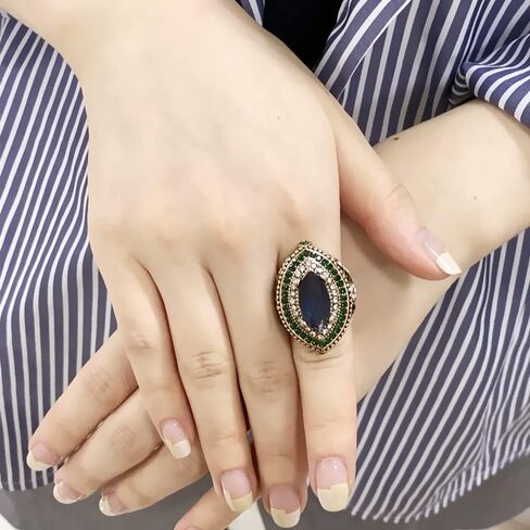 Dtja Luxury CZ Evil Eye Statement Ring for Women Girls Gold Plated Blue Green Cubic Zirconia Boho Big Wide Band Rings Comfort Fit Antique Bollywood Wedding Christmas Party Jewelry Gift Size 8, in Saudi Arabia