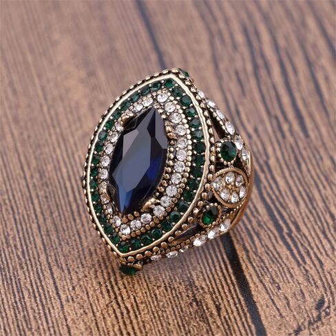 Dtja Luxury CZ Evil Eye Statement Ring for Women Girls Gold Plated Blue Green Cubic Zirconia Boho Big Wide Band Rings Comfort Fit Antique Bollywood Wedding Christmas Party Jewelry Gift Size 8, in Saudi Arabia