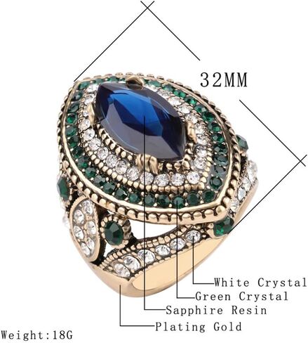 Dtja Luxury CZ Evil Eye Statement Ring for Women Girls Gold Plated Blue Green Cubic Zirconia Boho Big Wide Band Rings Comfort Fit Antique Bollywood Wedding Christmas Party Jewelry Gift Size 8, in Saudi Arabia