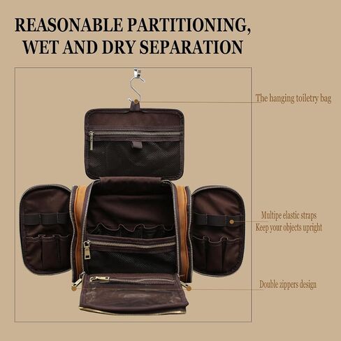 Hanging Toiletry Bag,Personalized Genuine Leather Shaving & Dopp Kit Bag for Men & Women,Travel Organizer for Toiletries,Best Man Gift,Wedding Gifts (Brown) in Saudi Arabia