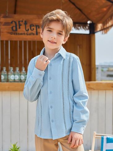 قميص Haloumoning للأولاد الكوبي Guayabera قميص أنيق للأطفال بأزرار سفلية وأكمام طويلة من عمر 5 إلى 14 عامًا in Kuwait