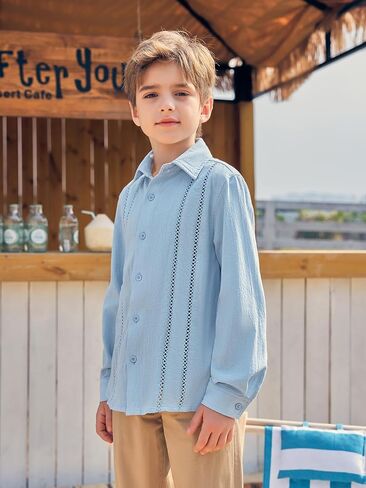 قميص Haloumoning للأولاد الكوبي Guayabera قميص أنيق للأطفال بأزرار سفلية وأكمام طويلة من عمر 5 إلى 14 عامًا in Kuwait