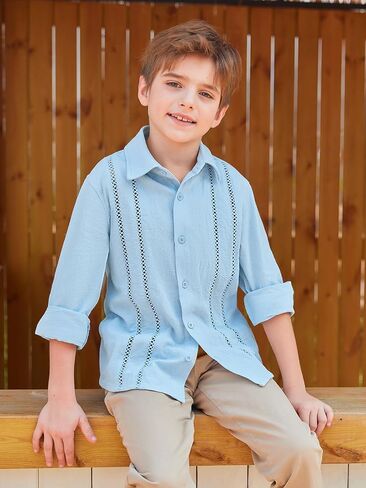 قميص Haloumoning للأولاد الكوبي Guayabera قميص أنيق للأطفال بأزرار سفلية وأكمام طويلة من عمر 5 إلى 14 عامًا in Kuwait