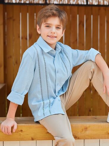 قميص Haloumoning للأولاد الكوبي Guayabera قميص أنيق للأطفال بأزرار سفلية وأكمام طويلة من عمر 5 إلى 14 عامًا in Kuwait