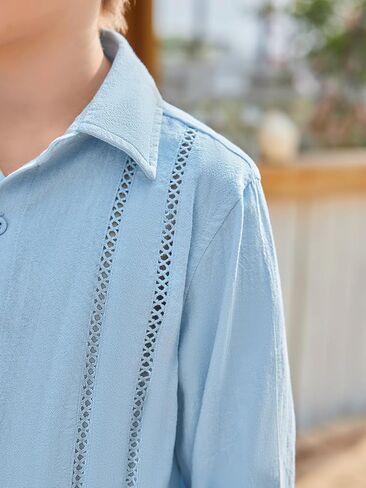 قميص Haloumoning للأولاد الكوبي Guayabera قميص أنيق للأطفال بأزرار سفلية وأكمام طويلة من عمر 5 إلى 14 عامًا in Kuwait