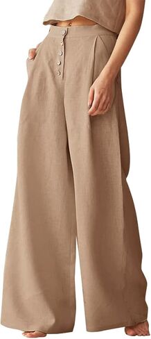 Les umes Womens Casual Wide Leg Pants Cotton Long Trousers High Wasit Loose Palazzo Pants with Pockets in Saudi Arabia
