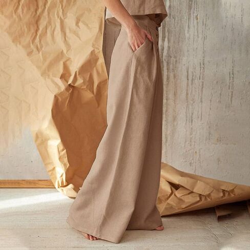 Les umes Womens Casual Wide Leg Pants Cotton Long Trousers High Wasit Loose Palazzo Pants with Pockets in Saudi Arabia