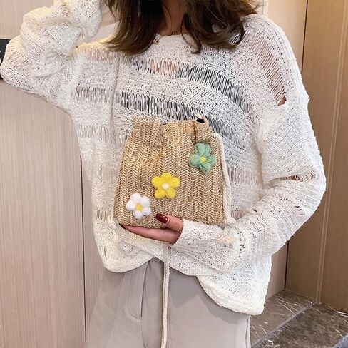 Womens Straw Bag Aesthetic Cute Woven Crossbody Buckets Totes Shoulder Bags Small Basket Beach Purse Straw Summer Handbag in Kuwait