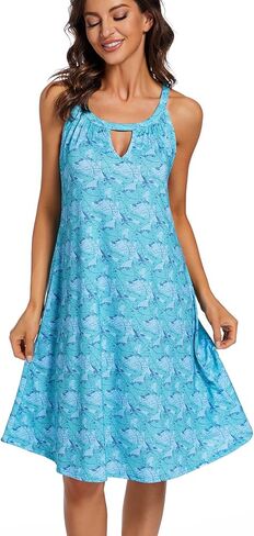 فساتين صيفية كاجوال للنساء فستان برقبة رسن بدون أكمام، غطاء متأرجح مريح، فستان قصير للشاطئ، فستان صيفي قابل للتمدد in Kuwait