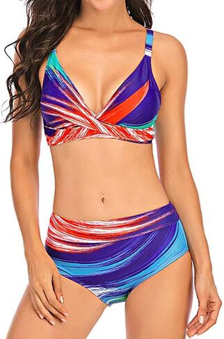 Lu's Chic Women's 2 Piece Swimsuit Bathing Suit Bikini V Neck Swimwear Mid Waisted Pad Shirred in Saudi Arabia