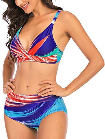 Lu's Chic Women's 2 Piece Swimsuit Bathing Suit Bikini V Neck Swimwear Mid Waisted Pad Shirred in Saudi Arabia