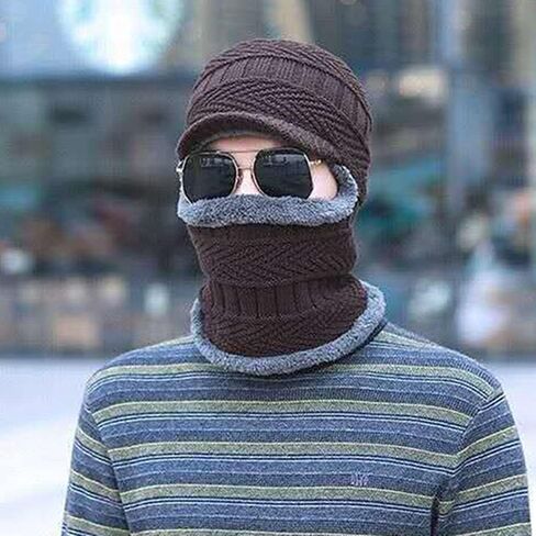 Unisex Winter Warm Elastic Soft Ear Protection Knitted Scarf face Protection hat Fleece Lined Hat one-Piece hat in Kuwait