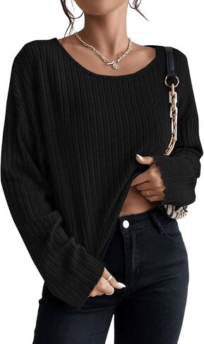 تي شيرت SweatyRocks نسائي بأكمام طويلة ورقبة على شكل قارب عادي كاجوال منسدل الكتف ومضلع ومتماسك in Saudi Arabia