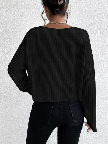 تي شيرت SweatyRocks نسائي بأكمام طويلة ورقبة على شكل قارب عادي كاجوال منسدل الكتف ومضلع ومتماسك in Saudi Arabia