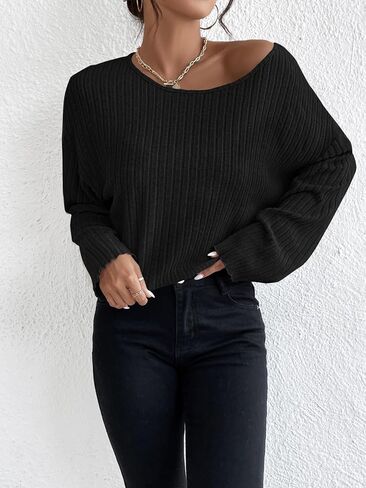 تي شيرت SweatyRocks نسائي بأكمام طويلة ورقبة على شكل قارب عادي كاجوال منسدل الكتف ومضلع ومتماسك in Saudi Arabia