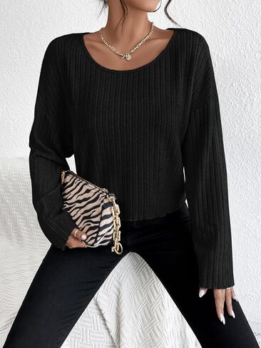 تي شيرت SweatyRocks نسائي بأكمام طويلة ورقبة على شكل قارب عادي كاجوال منسدل الكتف ومضلع ومتماسك in Saudi Arabia