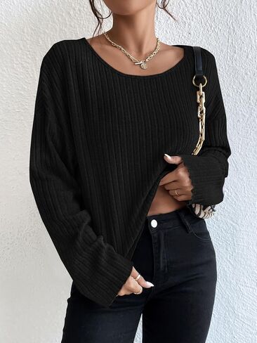 تي شيرت SweatyRocks نسائي بأكمام طويلة ورقبة على شكل قارب عادي كاجوال منسدل الكتف ومضلع ومتماسك in Saudi Arabia