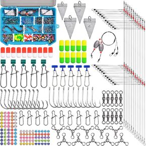 Saltwater Surf Fishing Tackle Kit Fishing Gear Tackle Box with Tackle Included Fish Finder Rigs Pompano Rig Pyramid Sinker Weight Fishing Hook Swivels Fishing Beads Accessories