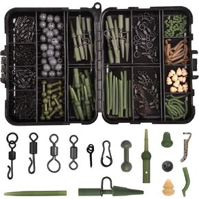 230pcs Carp Fishing Tackle Box Kit Carp Fishing Rigs Making Accessories Carp Swivel Snaps Helicopter Rigs Safety Lead Clips Rubber Sleeves Carp Fishing Terminal Tackle