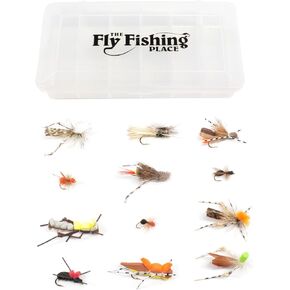 The Fly Fishing Place Trout Fly Assortment - Essential Terrestrials Fly Fishing Flies Collection - Includes Foam Hoppers, Ants, Beetles, and Cicadas - 1 Dozen Trout Flies with Fly Box