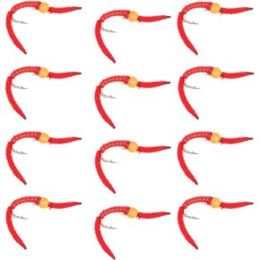 The Fly Fishing Place Trout Nymph Fly - San Juan Worm Power Bead One Dozen Orange Bead Red V-Rib Hook Size 10 - Set of 12 Nymph Wet Flies