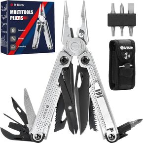 BIBURY Multitool Pliers, Stainless Steel Multi Tool with Upgraded Rope Cutter and Screwdrive, Foldable Self-locking Multitools with Nylon Pouch, Ideal for Camping, Hiking, Survival, Repair