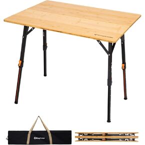 KingCamp Bamboo Folding Table with Visual Adjustable Height Aluminum Scale Legs,Portable Outdoor Camping Table with Carry Bag Roll Up Table Top Camp Tables for Picnic, Party, Beach,Indoor