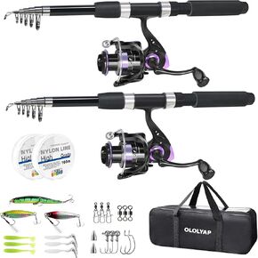 Fishing Pole Combo 6.89ft/2.1m 2PCS Telescopic Fishing Rod and Aluminum Reel Combos Lures Set Fishing Line Carrier Bag Sea Saltwater Freshwater Fishing Rod Reel Kit