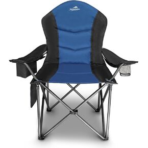 Fully Padded Camping Chair, Oversized Heavy Duty Lawn Chair with Cooler Bag,Side Pocket,Cup Holder Support 400 lbs (Black & Blue, Twin Pack)