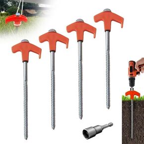 8" Screw in Tent Stakes, Ground Anchors Screw in, Screw Tent Stakes Heavy Duty with 1 Hex Head Driver, Metal Threaded Tent Spikes, Tent Pegs Camping Stakes for Outdoor Camping Garden Inflatable (4PCS)