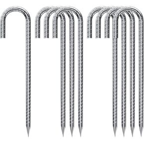 Rebar Stakes Extra Heavy Duty J Hook,【12 inch Long Enough】 Rust Proof Coated GalvanizedSteel Ground Stakes Ground Anchors, Garden Stake Metal Stakes Tent Stakes Trampoline Anchors (4, Silver)