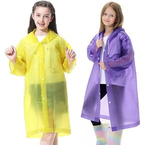 Reusable Rain Ponchos for Kids(Height:110cm-150cm), 2 Pcs Raincoats with Hood and Sleeves for Boys and Girls