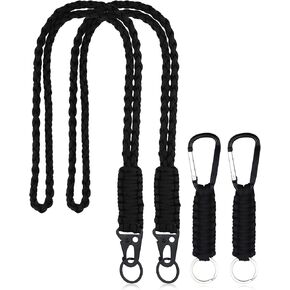 2 Set Heavy Duty Paracord Lanyard and Braided Keychain for ID Card Badge Holder, Outdoor Activities, Camera, Traveling (Black)