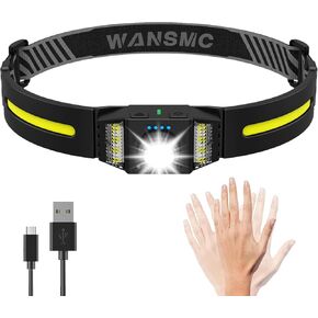 LED Headlamp Rechargeable, 270° Wide Beam Bright Headlamps Flashlight, Motion Sensor Head Lamp, Red White Light, Weatherproof Headlights, 9 Modes for Outdoor Camping Running Cycling Fishing