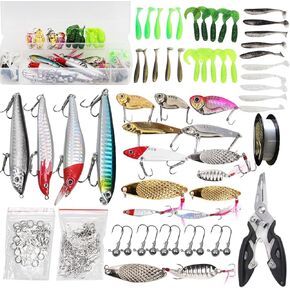 Fishing Lures Kit Tackle Box Crankbaits Spoon Hooks Weights Braided Fishing Line Shing Pliers Hook Removers Fishing Bait Lure Gear Kit Gift for Men Bass Freshwater