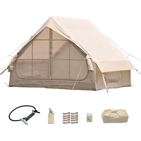 Inflatable Camping Tent with Hand Pump Easy Setup Waterproof Windproof Outdoor Blow up Tent 2-8 Person Oxford 4 Season Glamping Air Tent Cabin House with Mesh Windows & Door