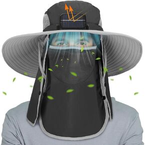 Solar Sun Hat Oversized Fishing Hat with Fan Bucket Hat Removable Face UV Protection UPF 50+ Sun Protection Wide Brim Sports Summer Cap for Men Women USB Solar Powered Dark Gray