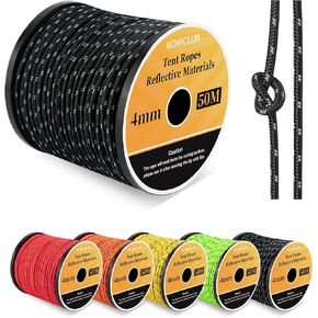 KOMCLUB 50M Reflective Guy line Tent Cords Solid 4mm Lightweight Camping Rope Braid Tent Guide Guy Straps for Tent Tarp Canopy Shelter Camping Hiking Backpacking Water Activities Survival Gear (BLACK)