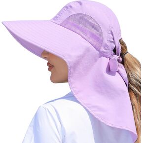 Womens Sun Hat Outdoor UV Protection Wide Brim Fishing Hat with Ponytail Hole Neck Flap for Beach Hiking Camping