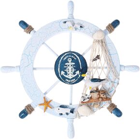 Nautical Beach Wooden Boat Steering Wheel Fishing Net Shell Home Wall Decor
